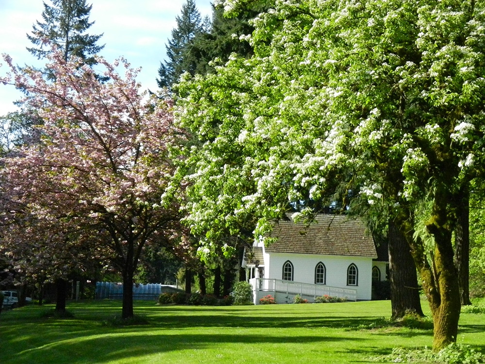 Church in springtime at the Baker Cabin