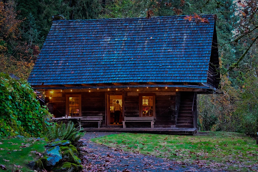 the Baker Cabin at dusk